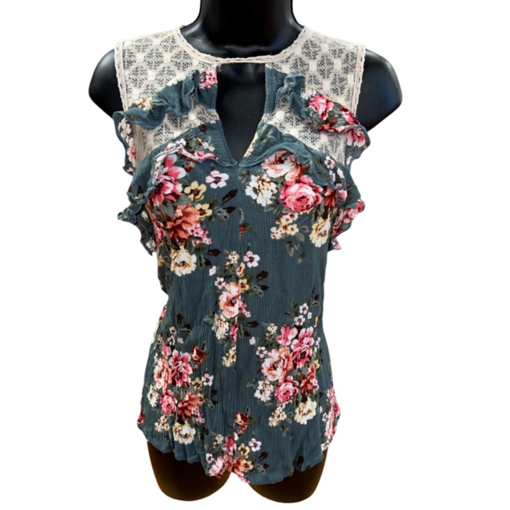Umgee Teal Floral Peasant Crochet Tank Sz S